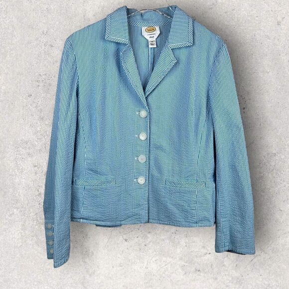 RARE!!!! TALBOTS Seersucker Blazer Pin Stripe in White and Turquoise Size 14 - Picture 1 of 9